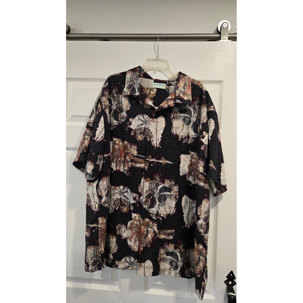 Caribbean Pure Silk Mens 3X Black Tropical Skull Print Short Sleeve‎ Shirt